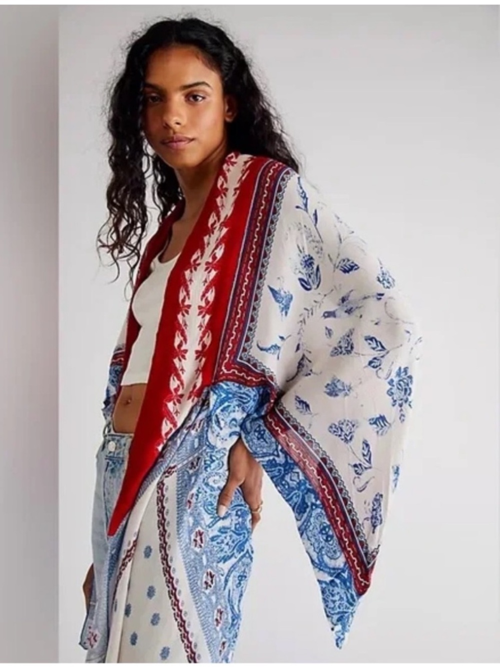 Free People Red, White & Blue Printed Swim Coverup Kimono - Picture 2 of 3